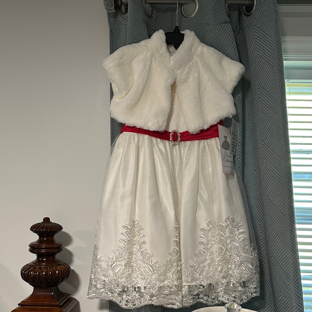 Rare Editions Ivory Dress with Red Accent Fur Bolero
